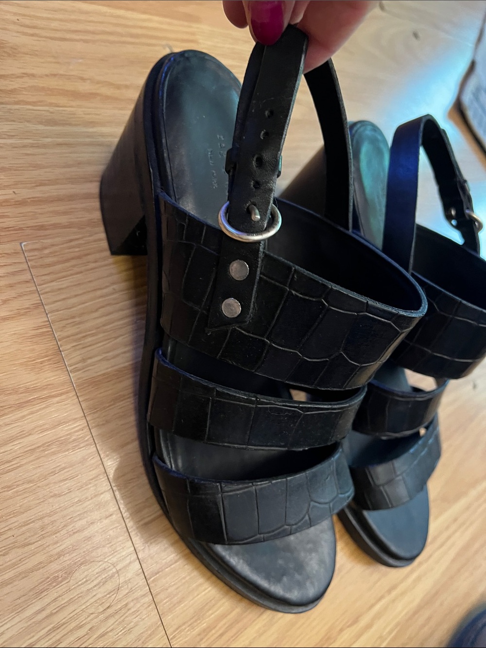 rag & bone Black Croc-Embossed Leather Mules with Buckle